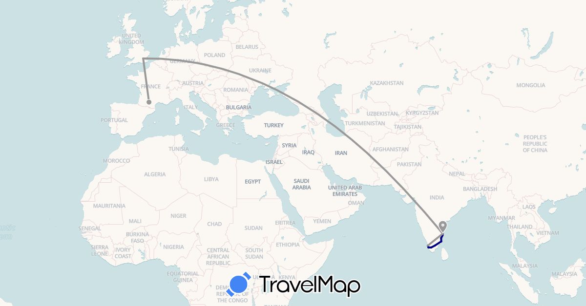 TravelMap itinerary: driving, plane in France, United Kingdom, India (Asia, Europe)